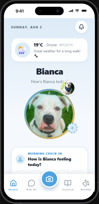 DogSpeak home screen showing Bianca's morning check-in